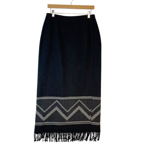 Nine & Co 90s Long Wrap Skirt Women's 10 Gray Fringe Southwestern Navajo Print - Picture 1 of 5